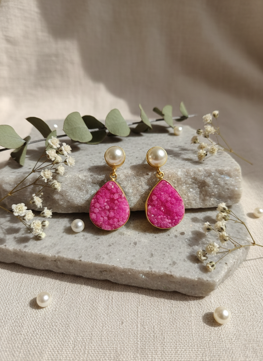 Pink Druzy Teardrop Drops