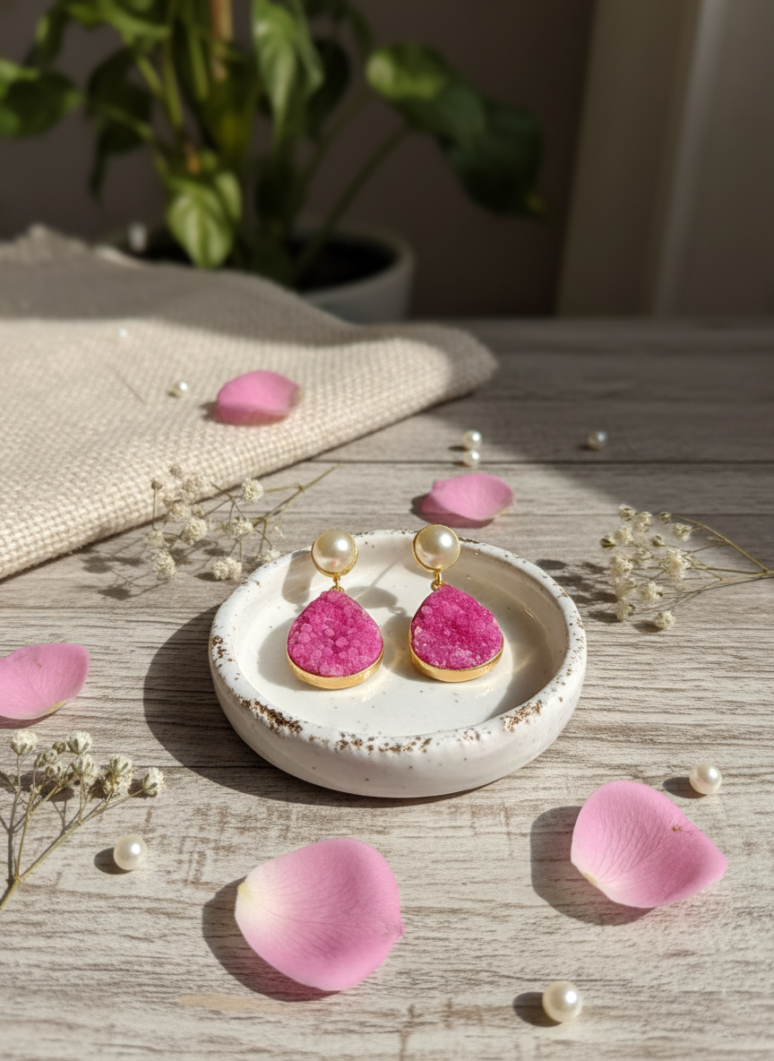 Pink Druzy Teardrop Drops